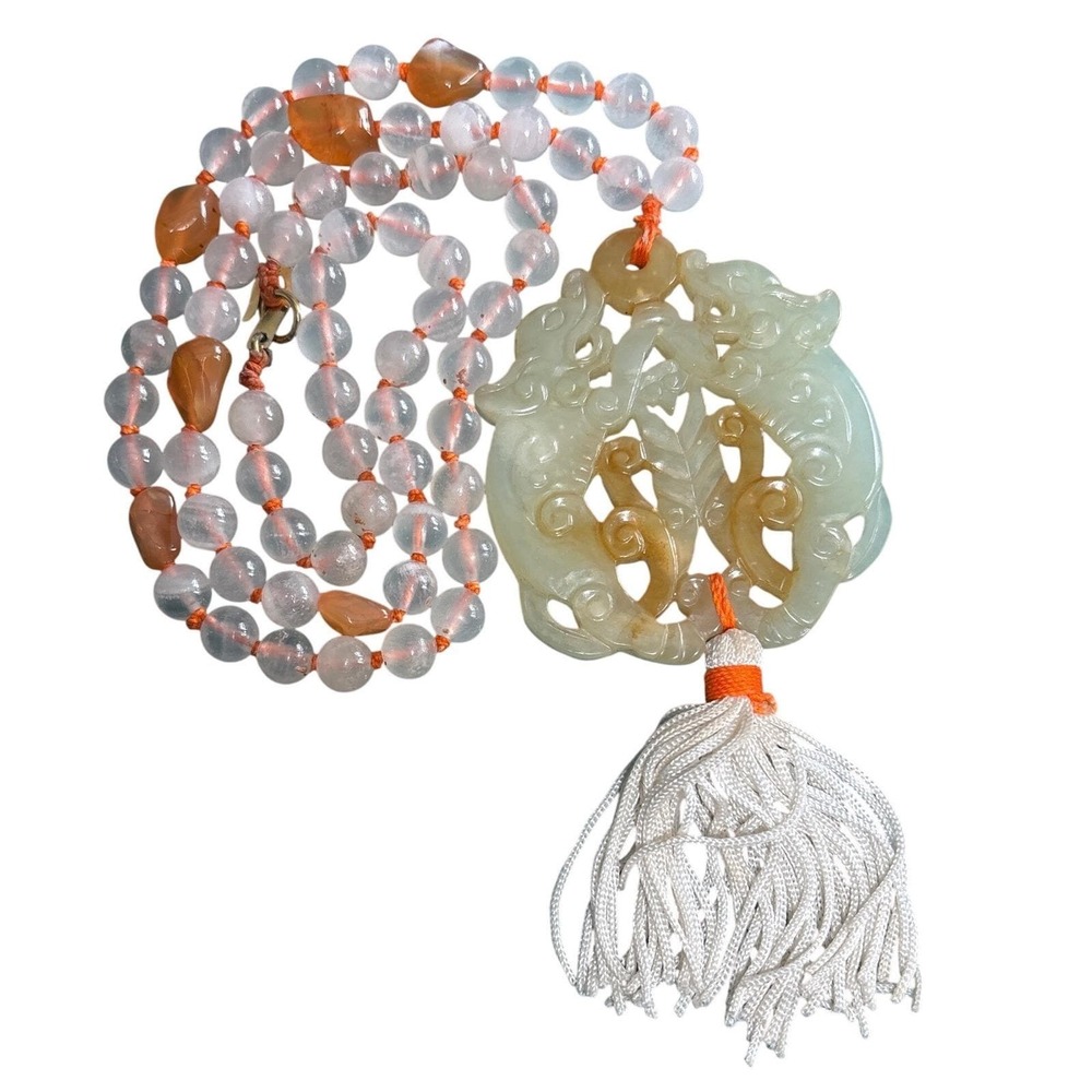 Vintage Carved Jade Dragon Pendant Necklace Carnelian Quartz Beads Tassel 2.75in
